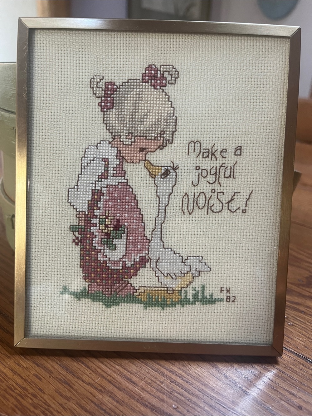 Vintage Cross Stitch "Make a Joyful Noise" Girl with Goose